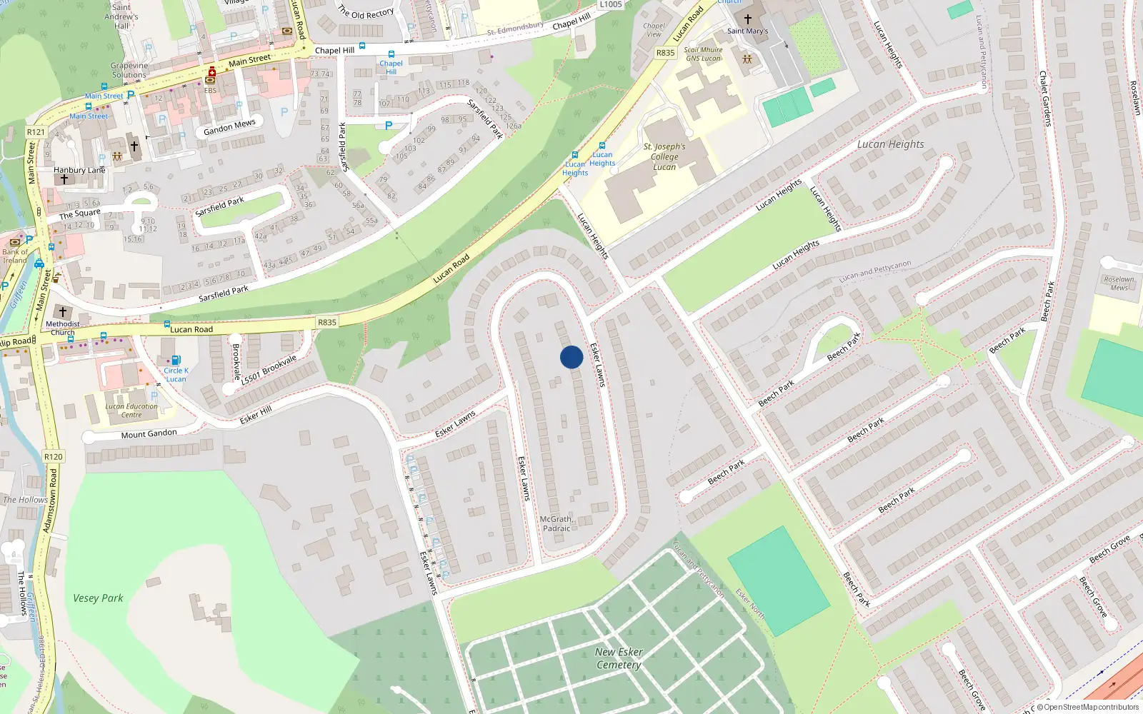 Overhead map showing the location of 102 Esker Lawns, Lucan