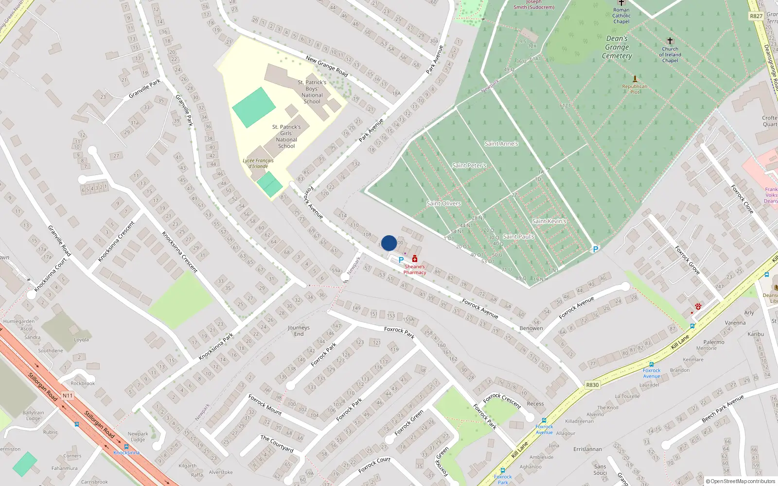Overhead map showing the location of 102 Foxrock Avenue, Dublin