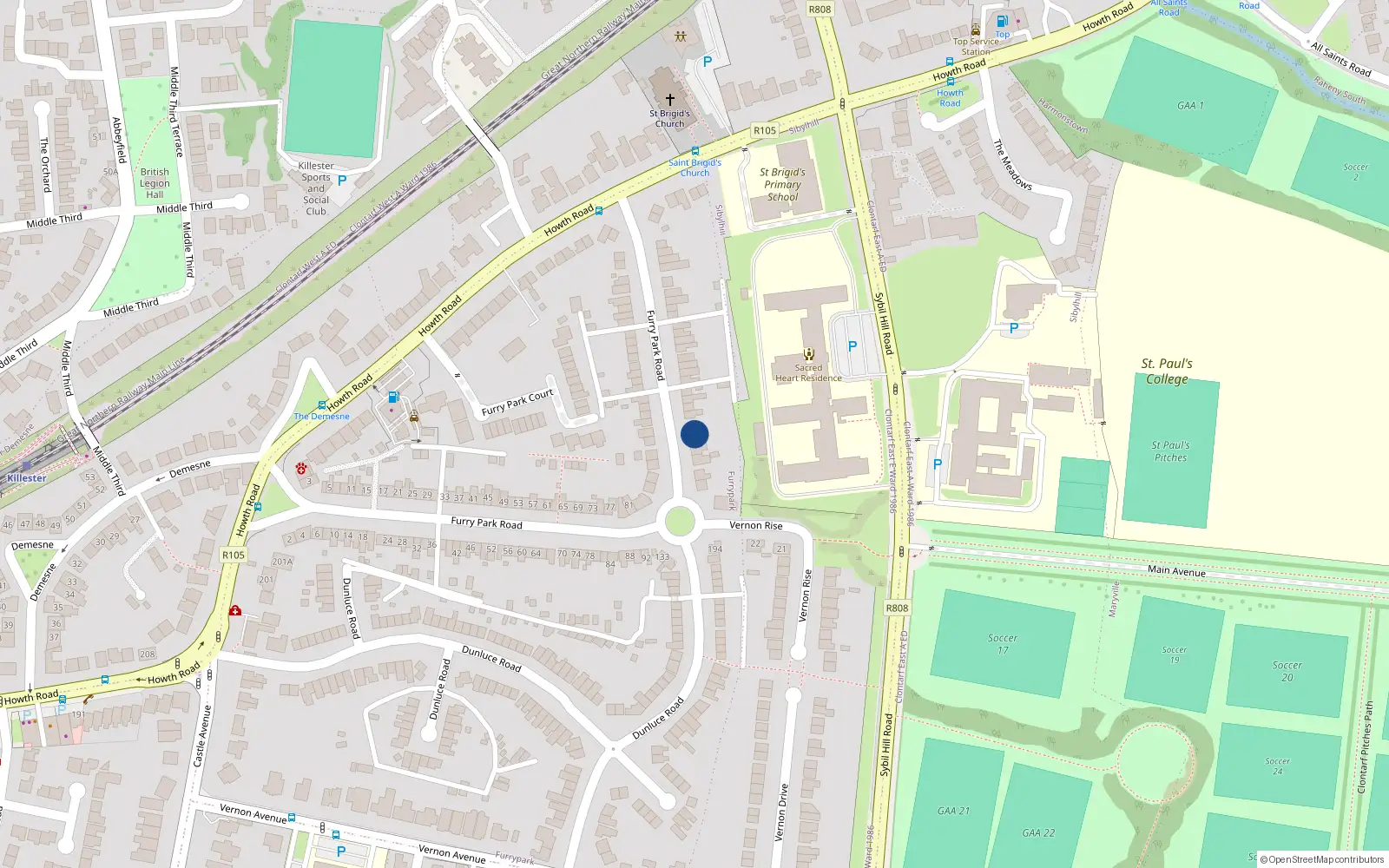 Overhead map showing the location of 102 Furry Park Road, Dublin 5