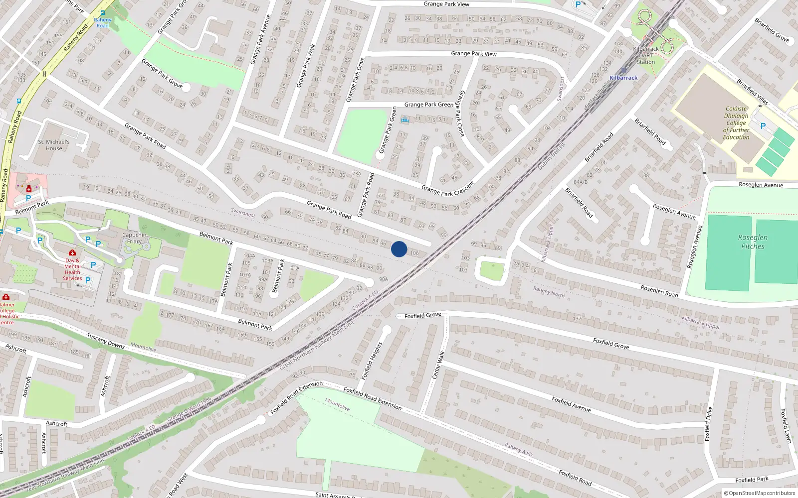 Overhead map showing the location of 102 Grange Park Road, Raheny, Dublin 5