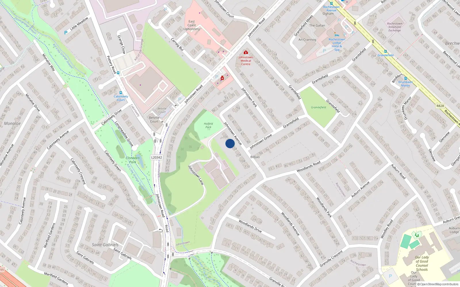 Overhead map showing the location of 102 Johnstown Avenue, Rochestown Avenue, Dun Laoghaire