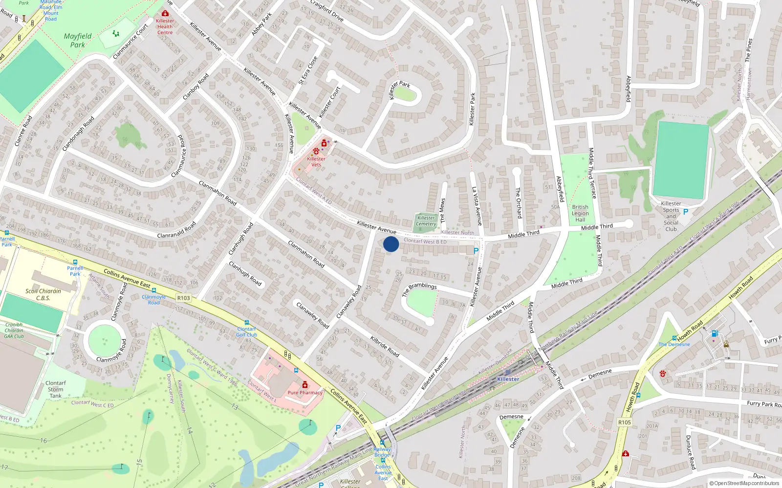 Overhead map showing the location of 102 Killester Avenue, Dublin 5