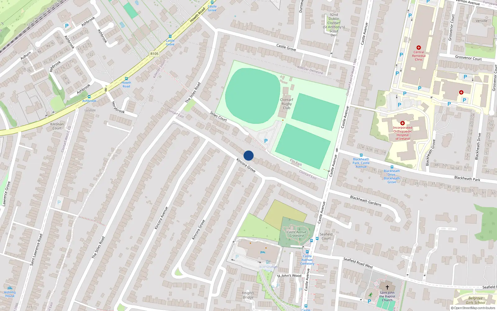 Overhead map showing the location of 102 Kincora Grove, Dublin 3