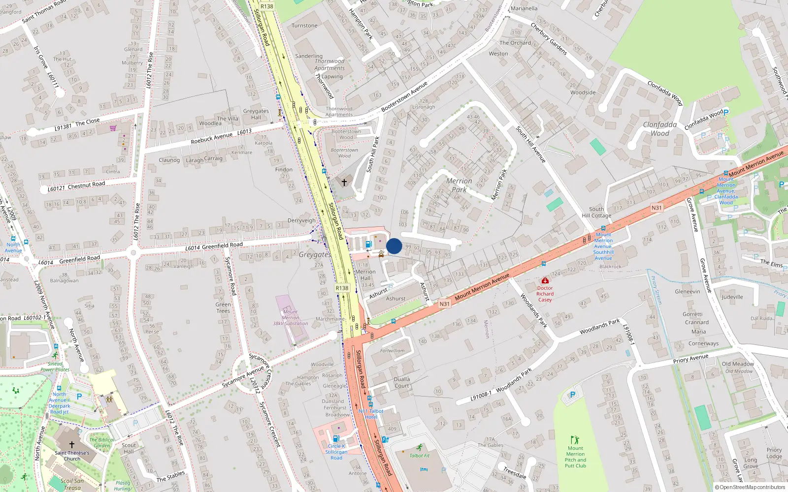 Overhead map showing the location of 102 Merrion Park, South Hill Avenue, Blackrock