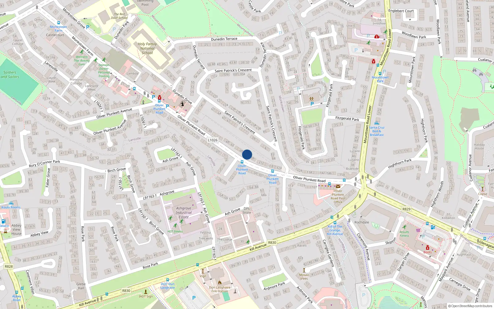 Overhead map showing the location of 102 Oliver Plunkett Road, Dublin