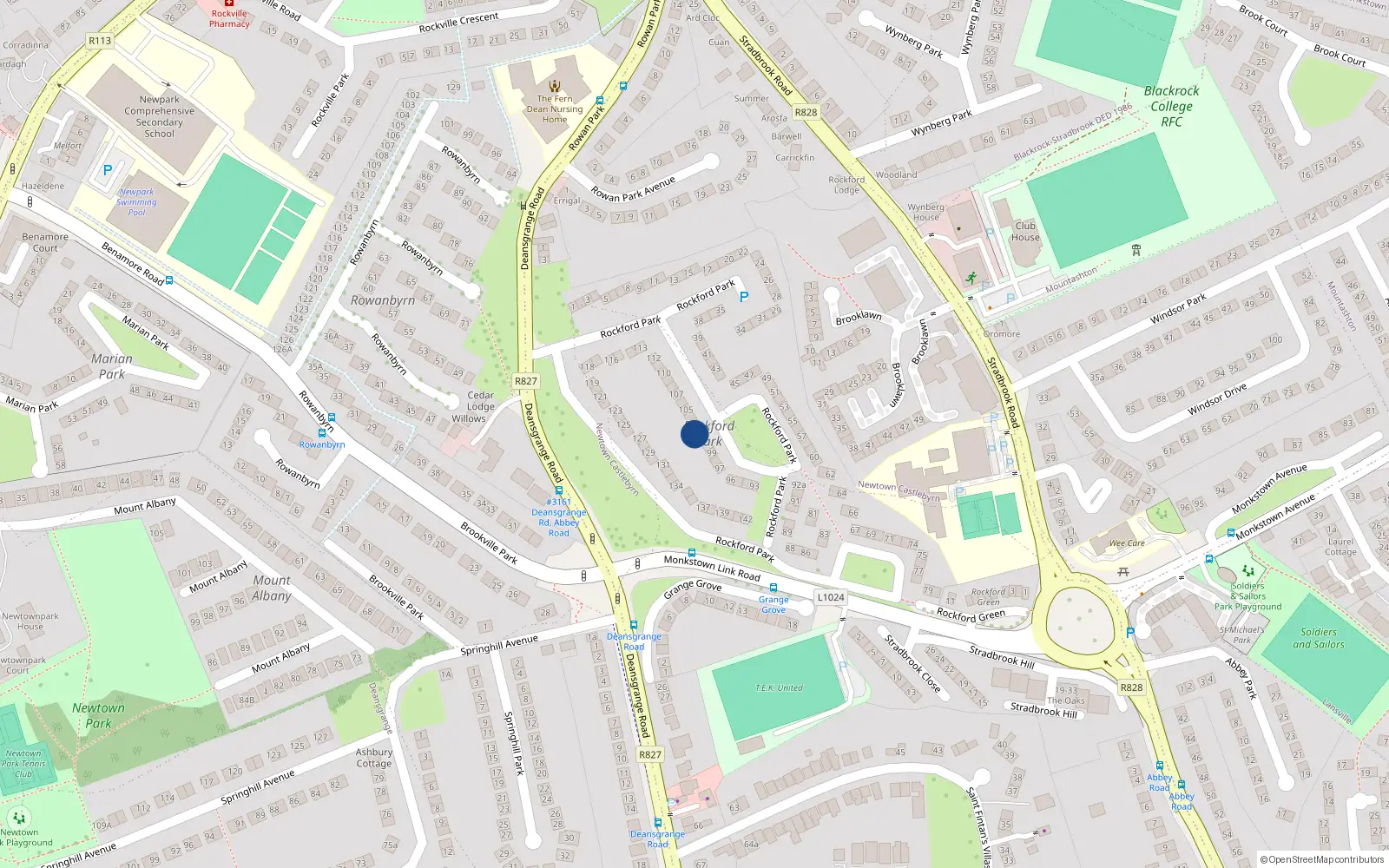Overhead map showing the location of 102 Rockford Park, Blackrock, Dublin