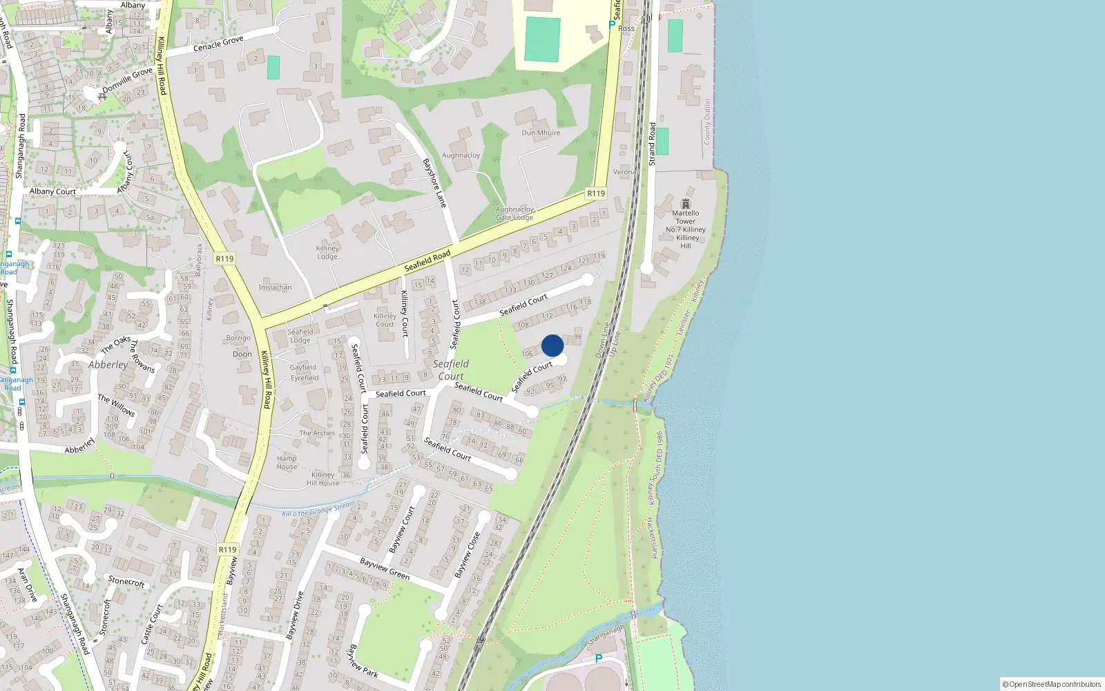 Overhead map showing the location of 102 Seafield Court, Killiney