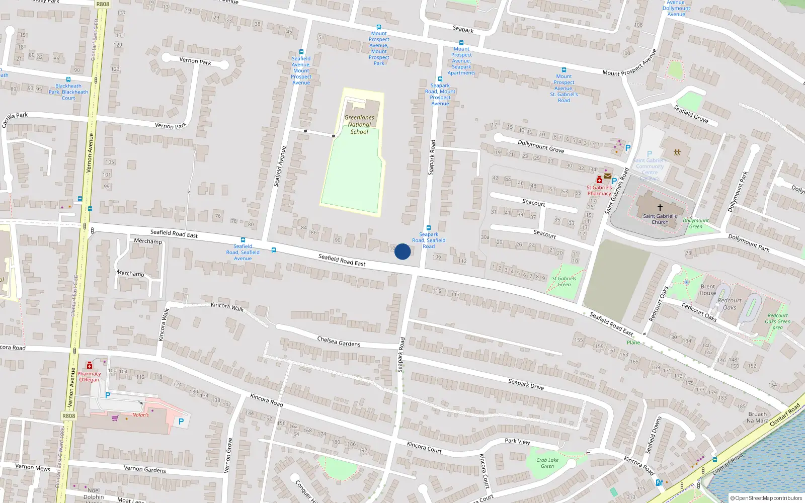 Overhead map showing the location of 102 Seafield Road East, Clontarf, Dublin 3