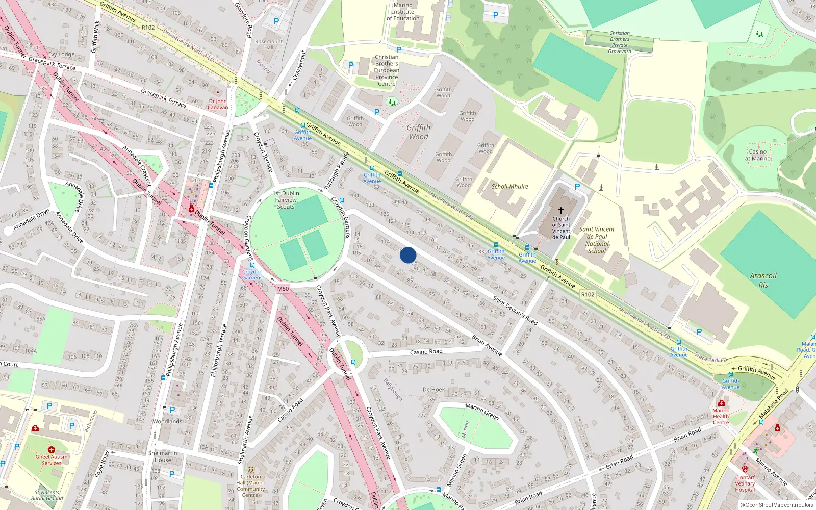 Overhead map showing the location of 102 Saint Declan's Road, Dublin 3