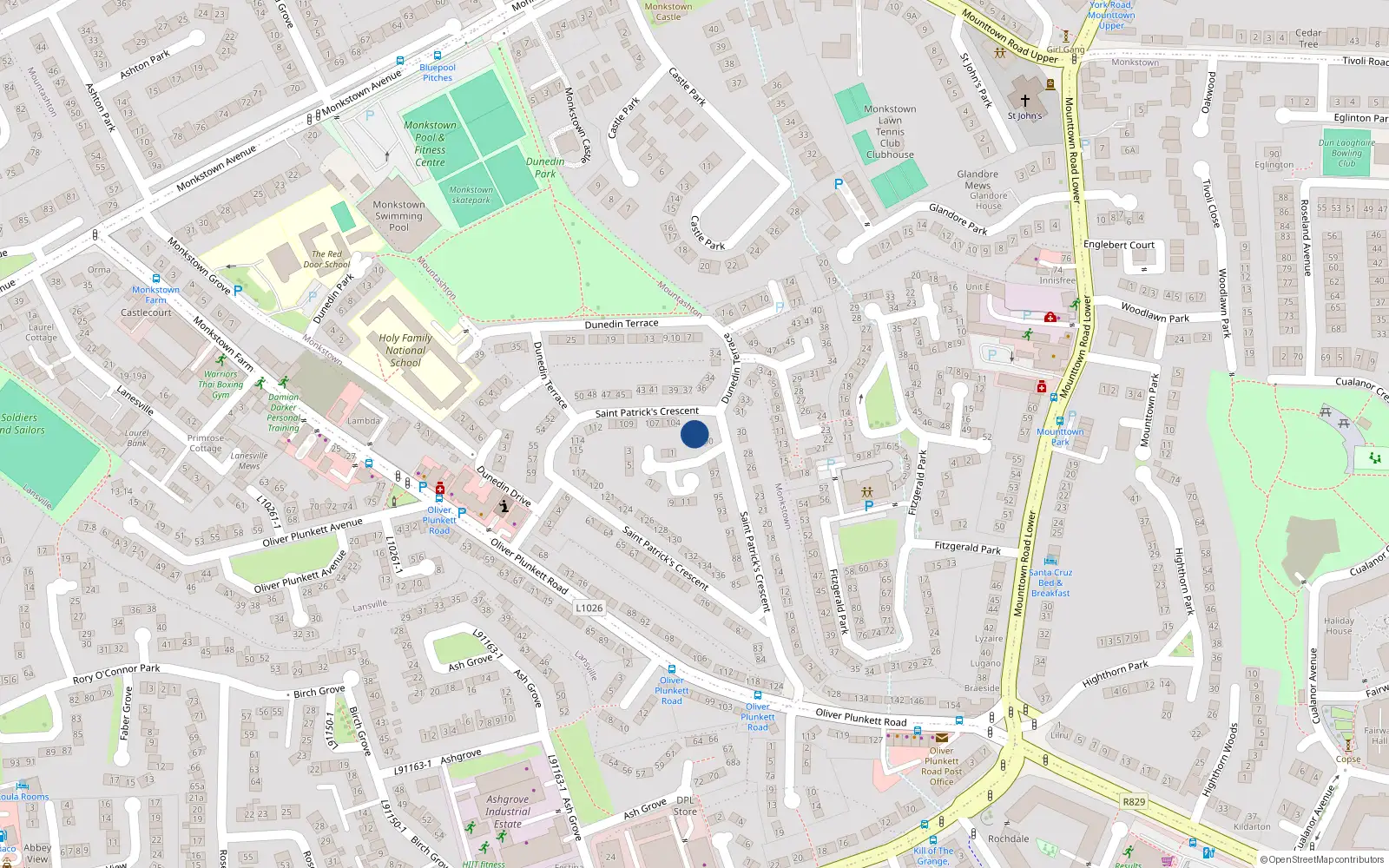 Overhead map showing the location of 102 St Patricks Crescent, Monkstown Farm, Dun Laoghaire