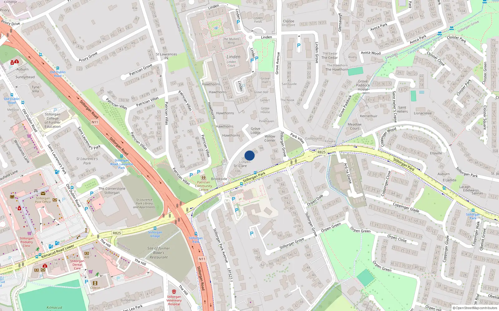 Overhead map showing the location of 102 Stillorgan Grove, Dublin