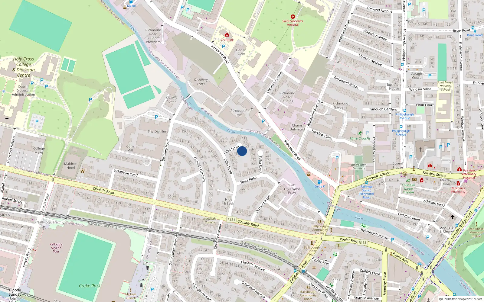 Overhead map showing the location of 102 Tolka Road, Dublin 3, Dublin