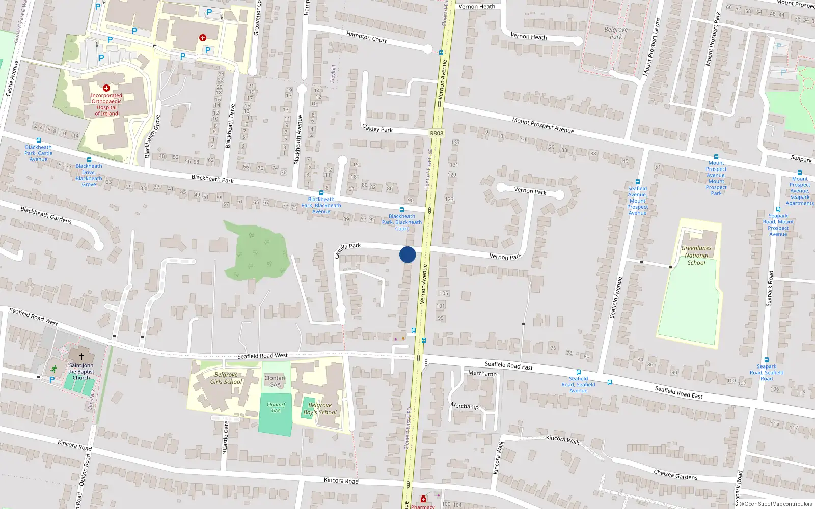 Overhead map showing the location of 102 Vernon Avenue, Clontarf, Dublin 3