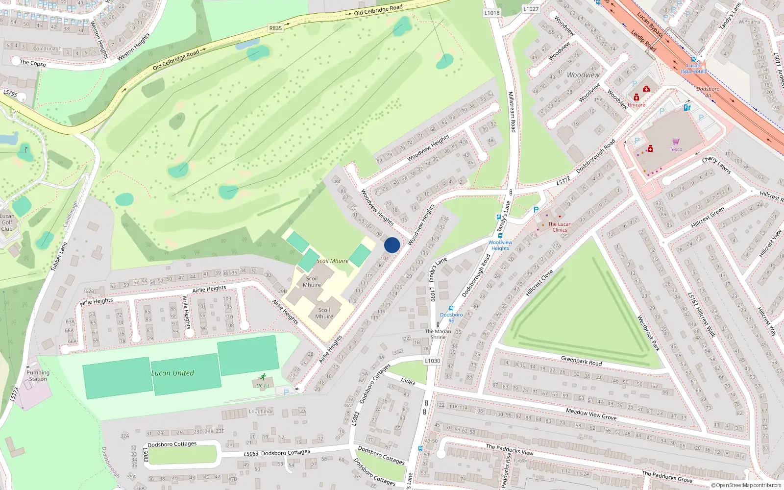Overhead map showing the location of 102 Woodview Heights, Lucan