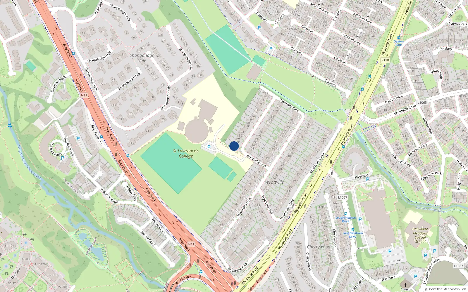 Overhead map showing the location of 102 Wyattville Park, Dublin