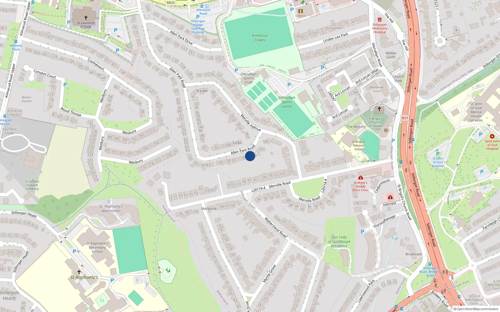 Overhead map showing the location of 103 Allen Park Road, Dublin