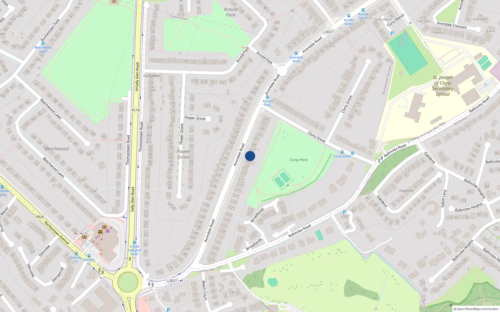 Overhead map showing the location of 103 Avondale Road, Killiney