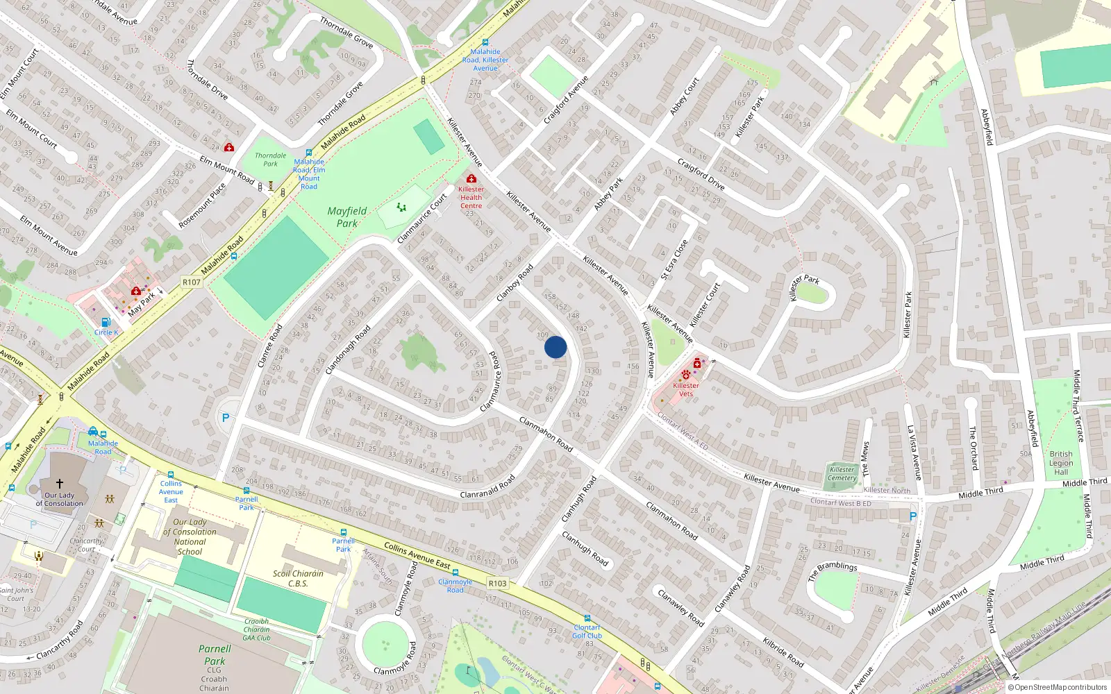 Overhead map showing the location of 103 Bothar Chlann Raghnaill, Domhnach Cearna, Bac 5 Dublin 5