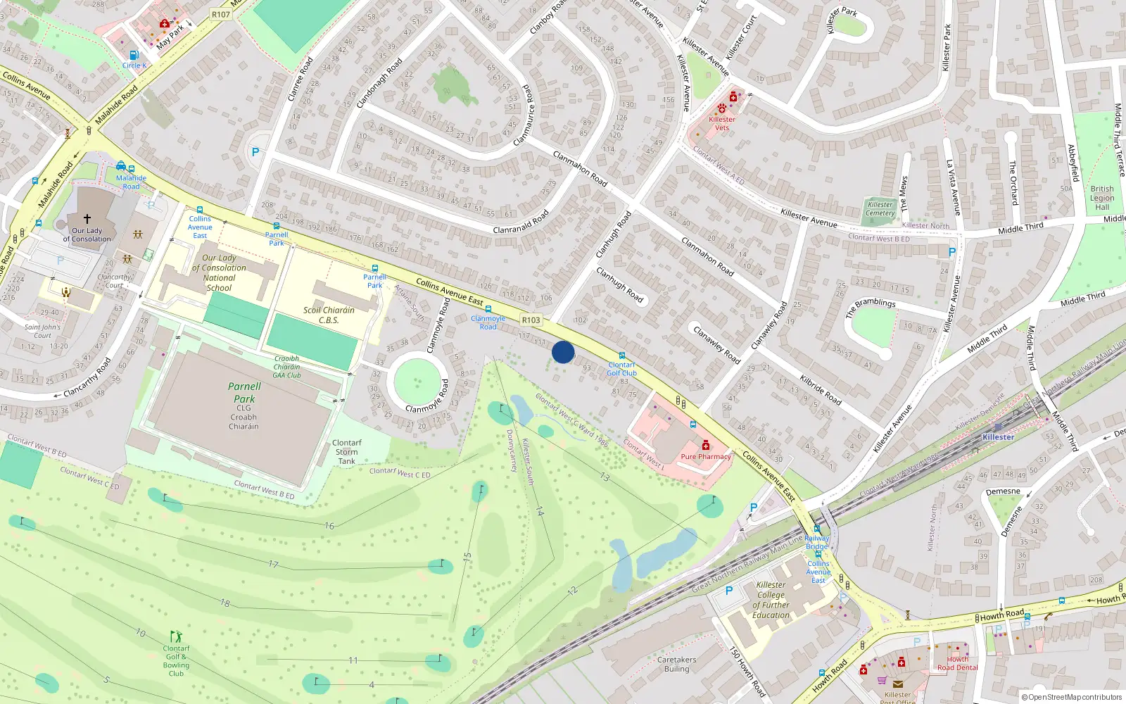Overhead map showing the location of 103 Collins Avenue East, Killester, Dublin