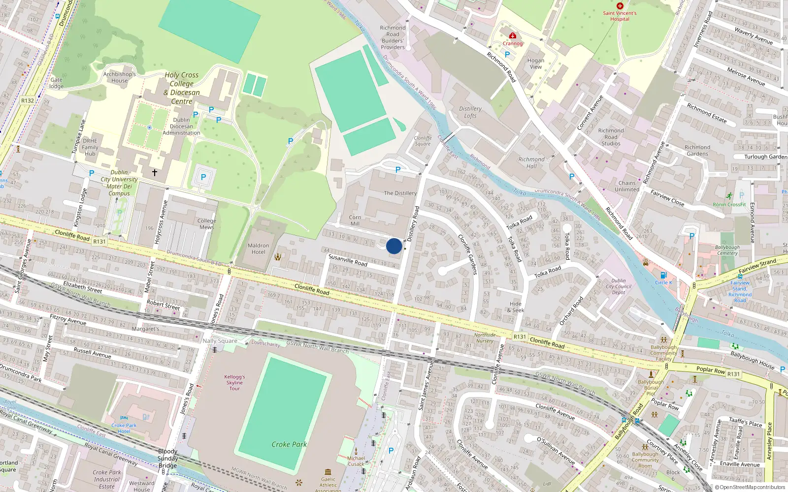 Overhead map showing the location of 103 Distillery Apartments, Distillery Road, Dublin 3