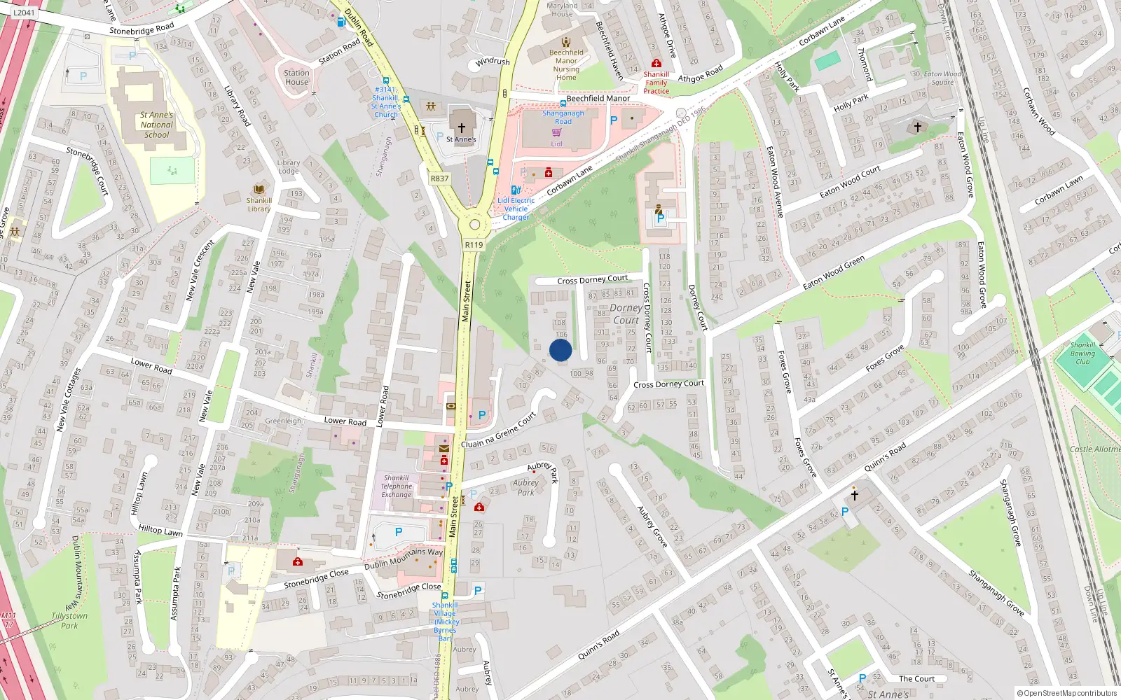 Overhead map showing the location of 103 Dorney Court, Shankill