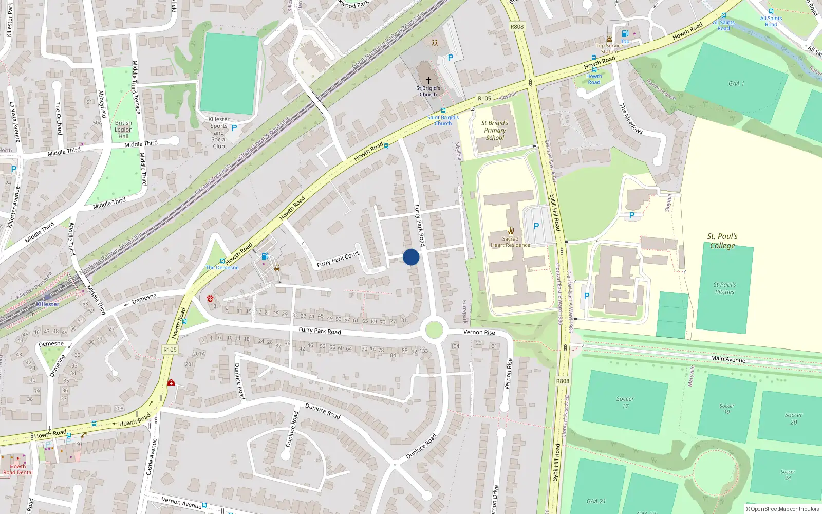 Overhead map showing the location of 103 Furry Park Road, Dublin 5