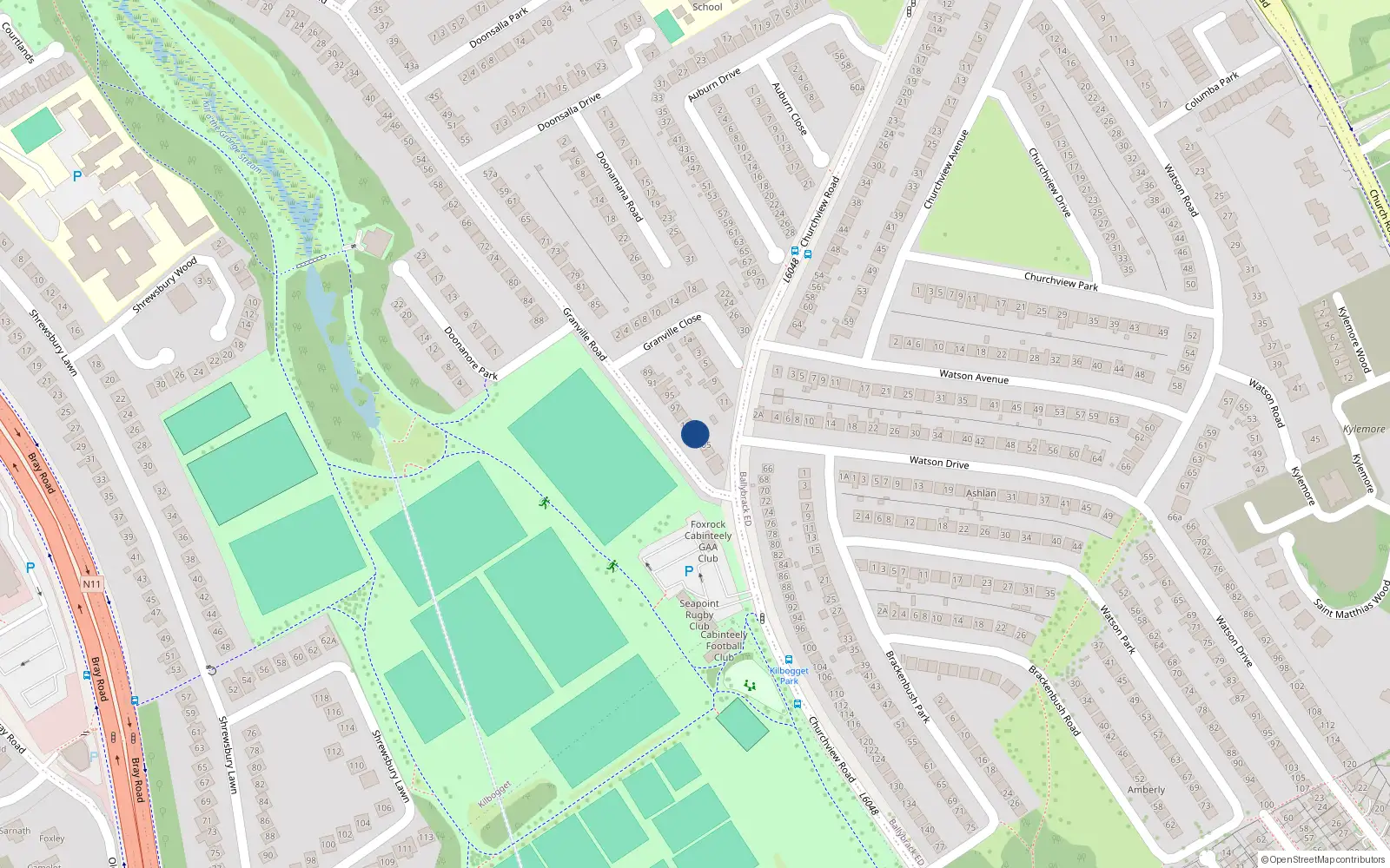 Overhead map showing the location of 103 Granville Road, Dun Laoghaire, Dublin