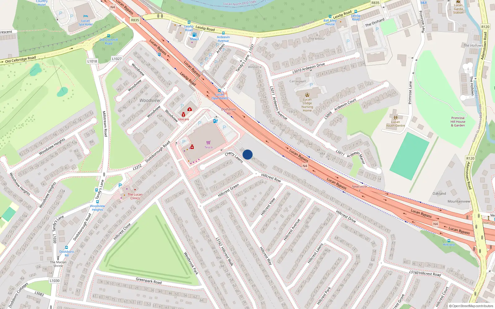 Overhead map showing the location of 103 Hillcrest Drive, Lucan