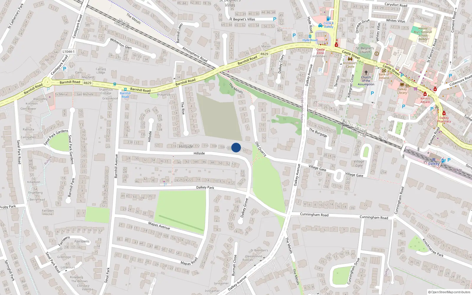 Overhead map showing the location of 103 Hillside, Dublin