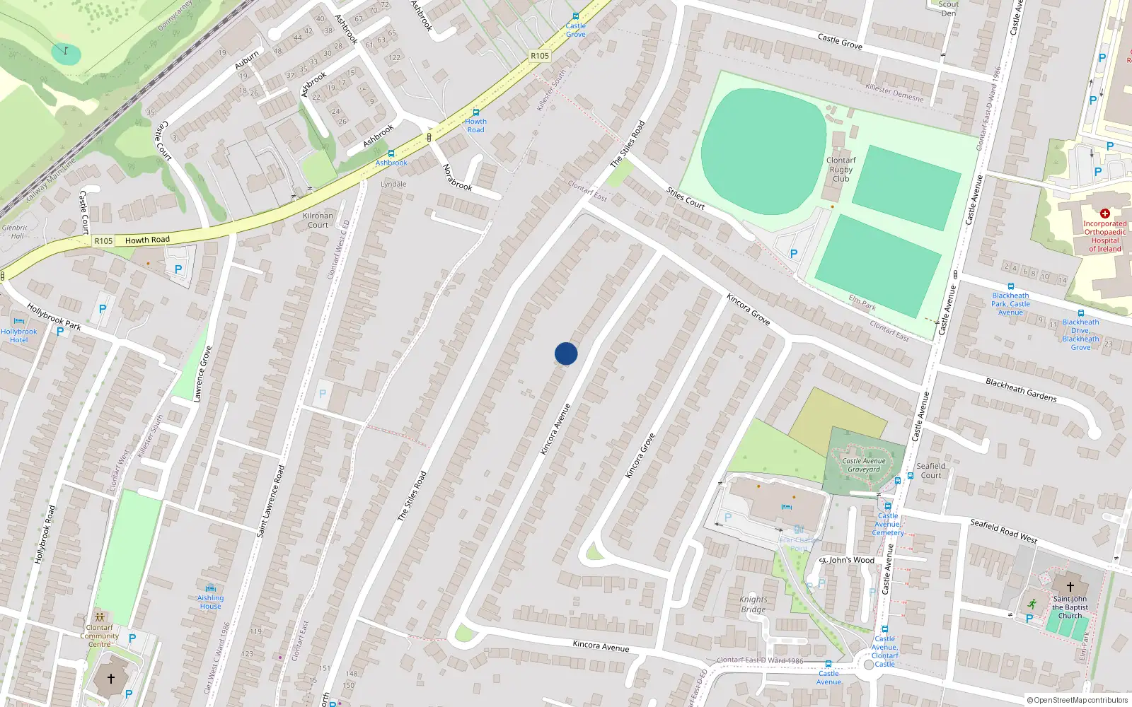 Overhead map showing the location of 103 Kincora Avenue, Clontarf, Dublin 3