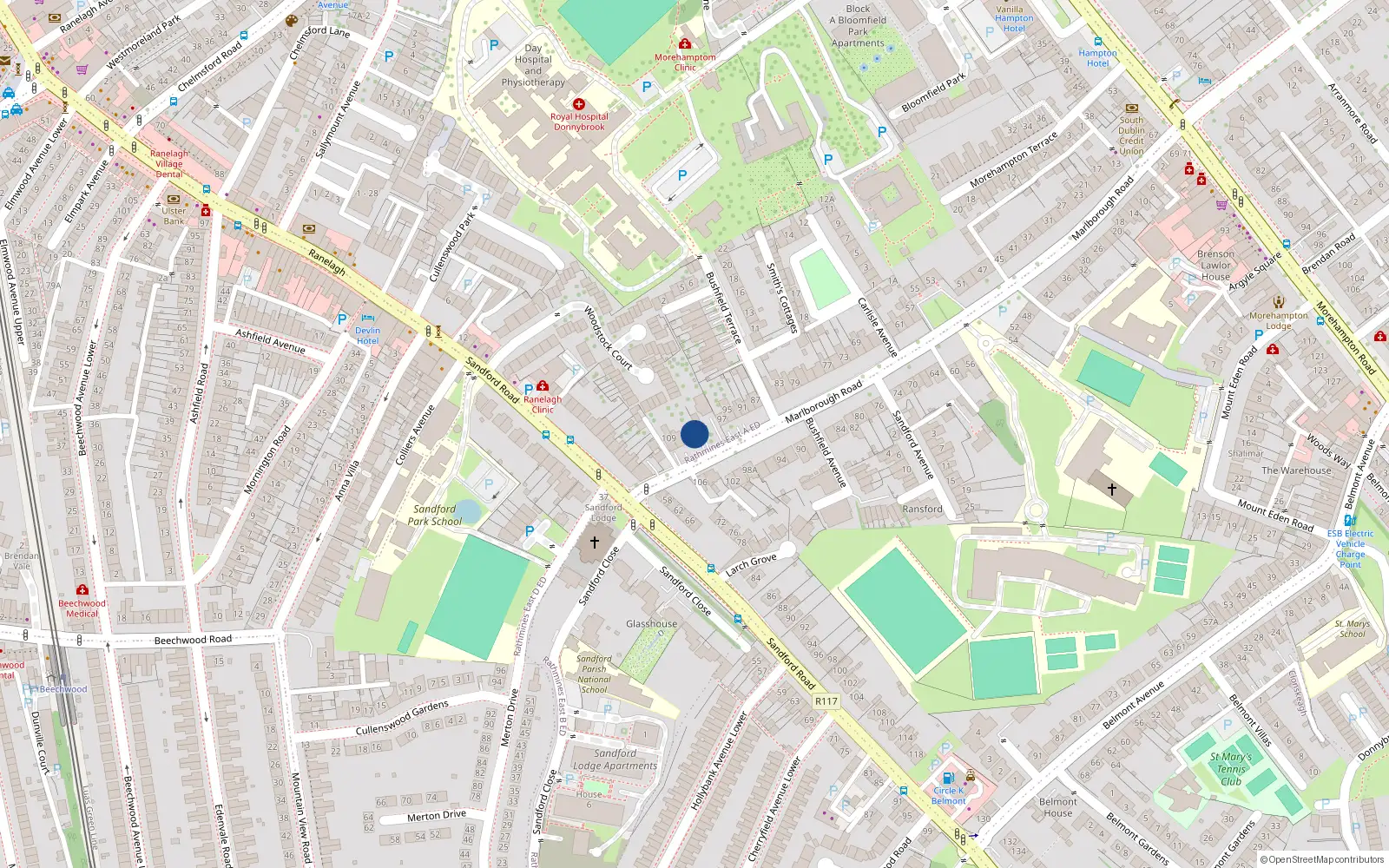 Overhead map showing the location of 103 Marlborough Road, Donnybrook