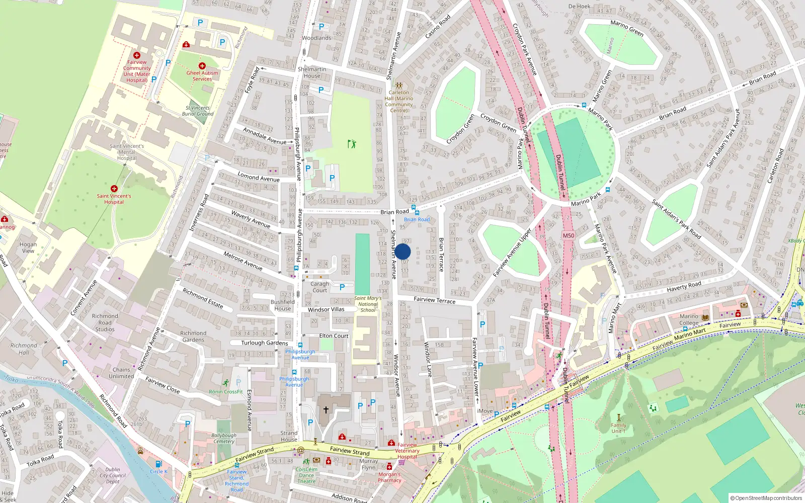 Overhead map showing the location of 103 Shelmartin Avenue, Fairview, Dublin 3