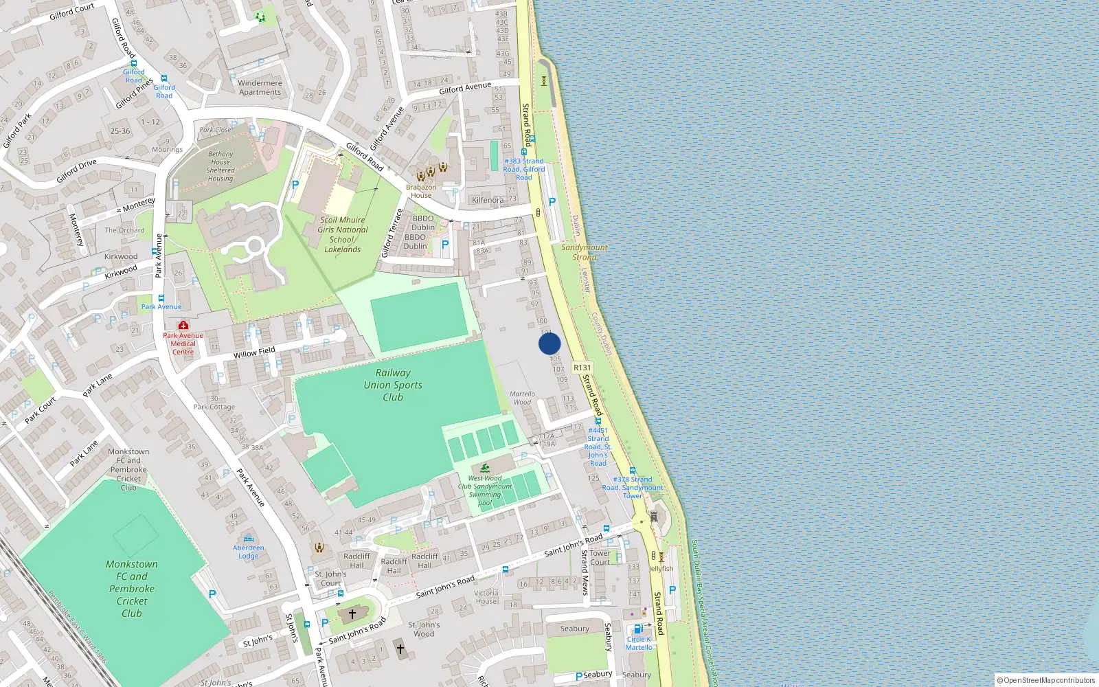 Overhead map showing the location of 103 Strand Road, Sandymount