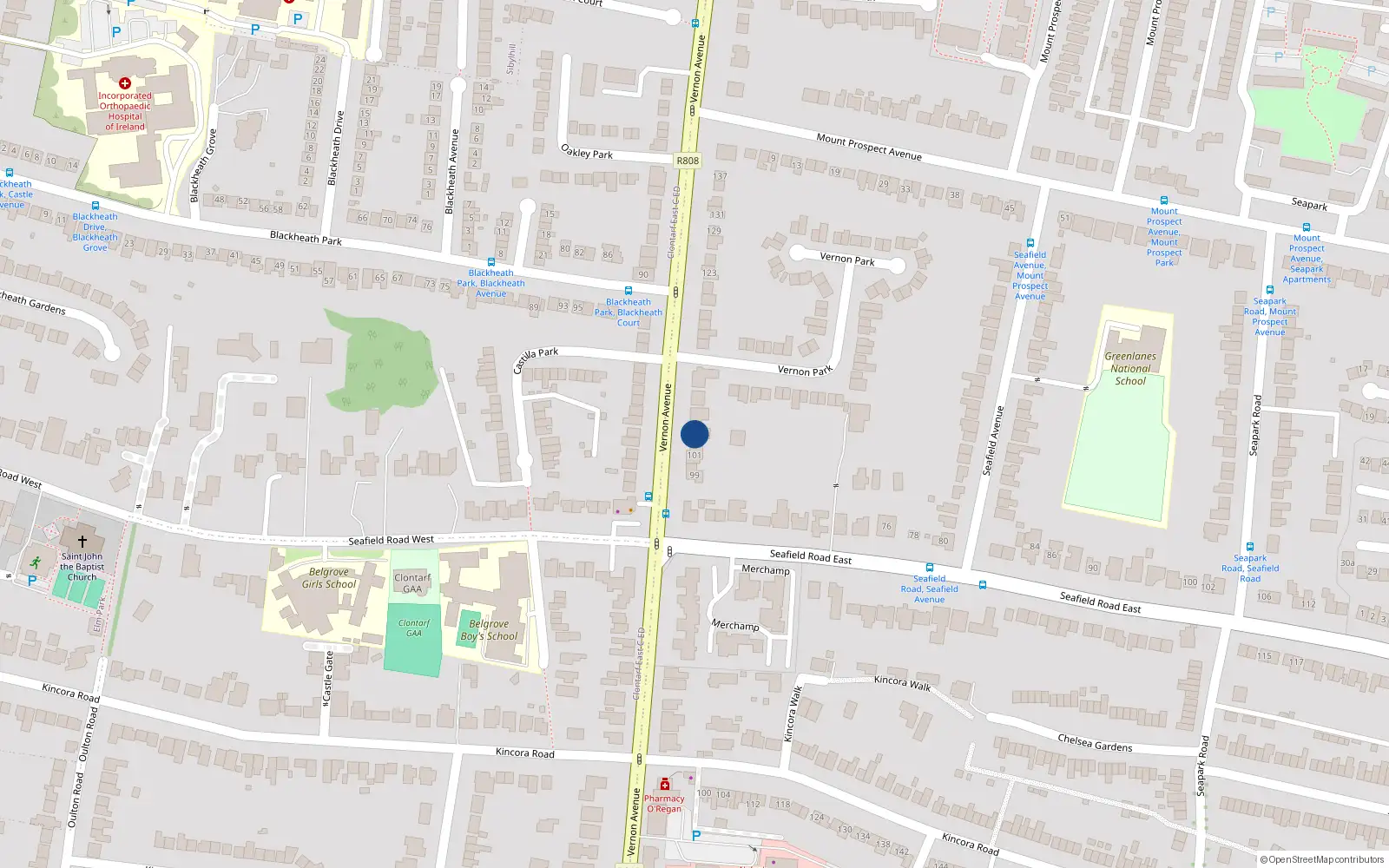 Overhead map showing the location of 103 Vernon Avenue, Clontarf Dublin 13, Dublin 13
