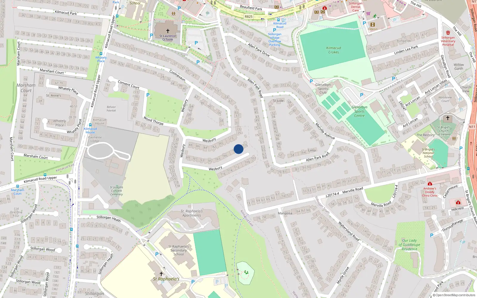 Overhead map showing the location of 103 Wesbury, County Dublin