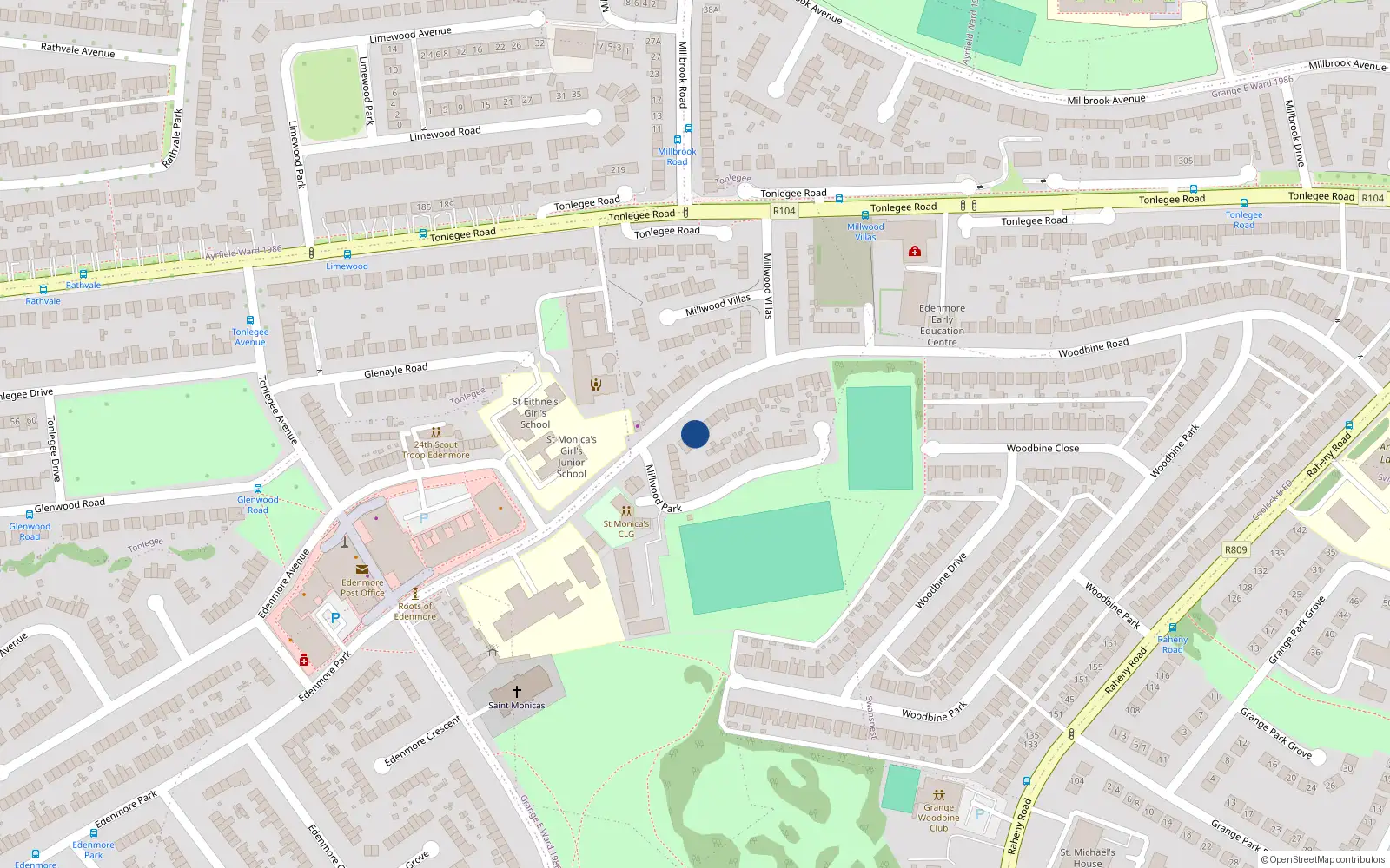 Overhead map showing the location of 103 Woodbine Road, Dublin 5