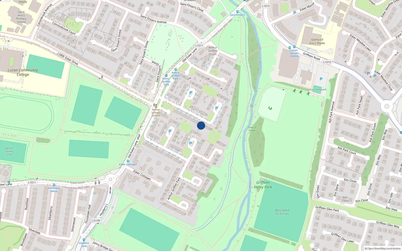 Overhead map showing the location of 104 Arthur Griffith Park, Lucan, Dublin