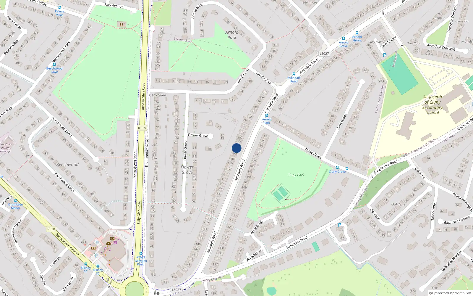 Overhead map showing the location of 104 Avondale Road, Killiney