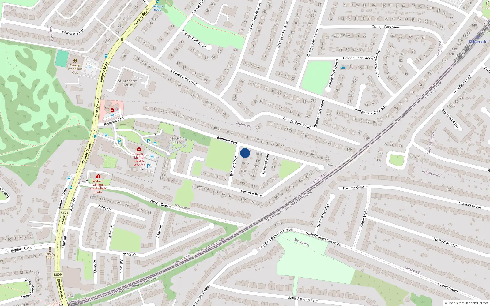 Overhead map showing the location of 104 Belmont Park, Dublin 5