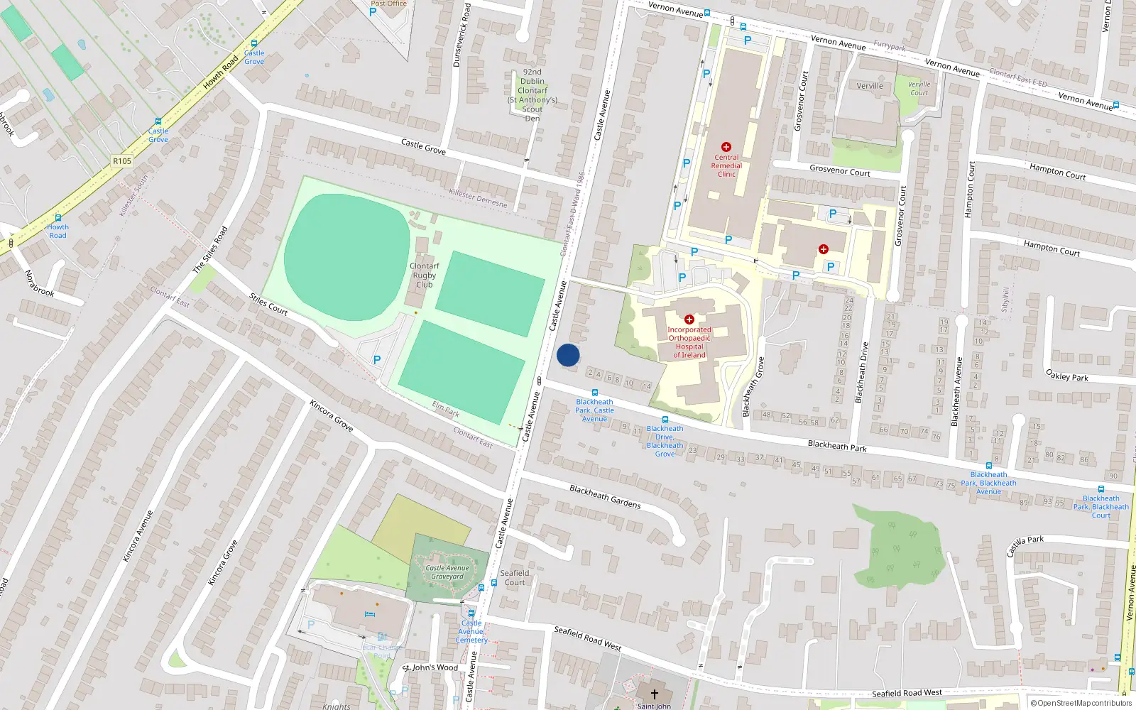 Overhead map showing the location of 104 Castle Avenue, Clontarf, Dublin 3