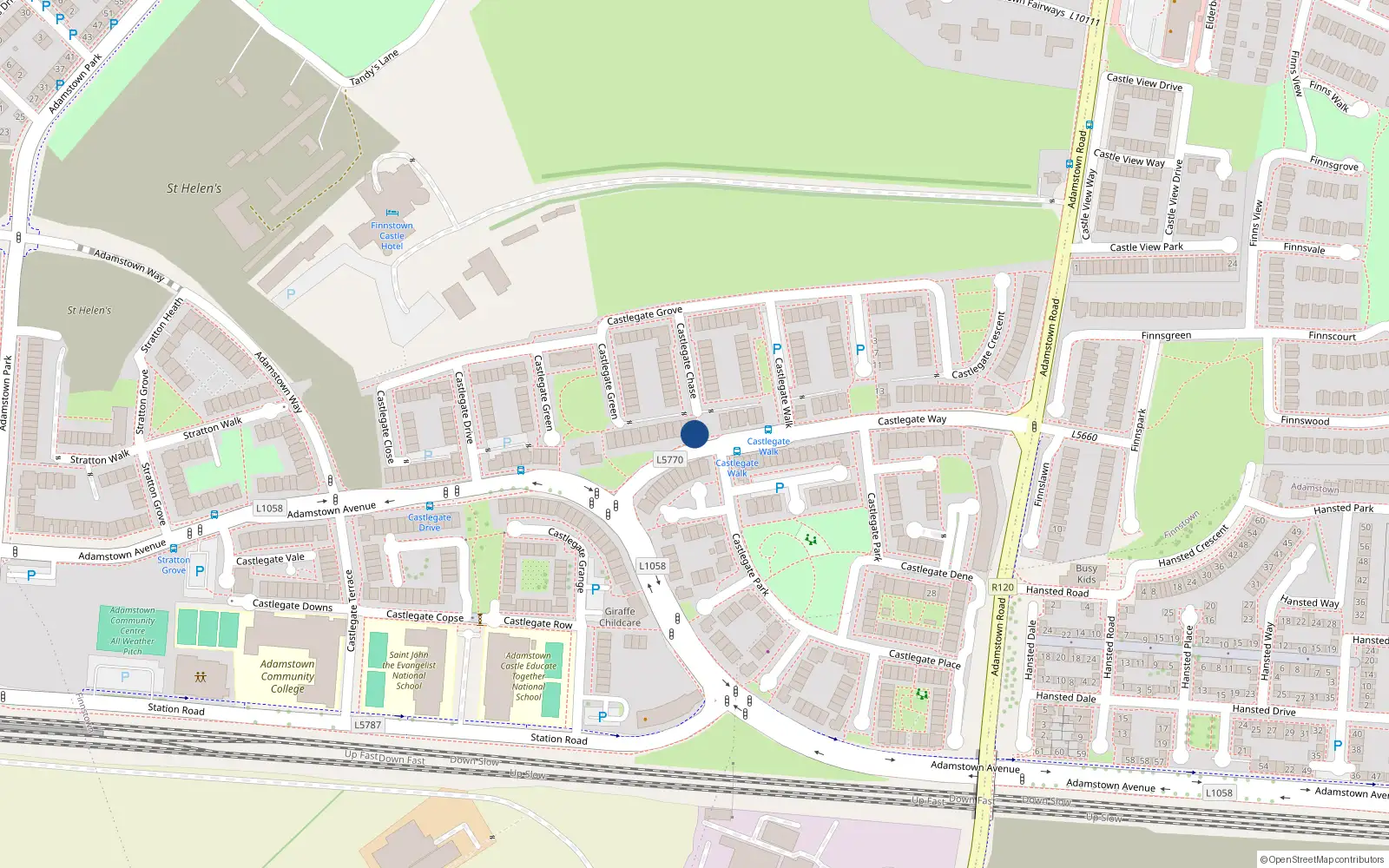 Overhead map showing the location of 104 Castlegate Way, Lucan