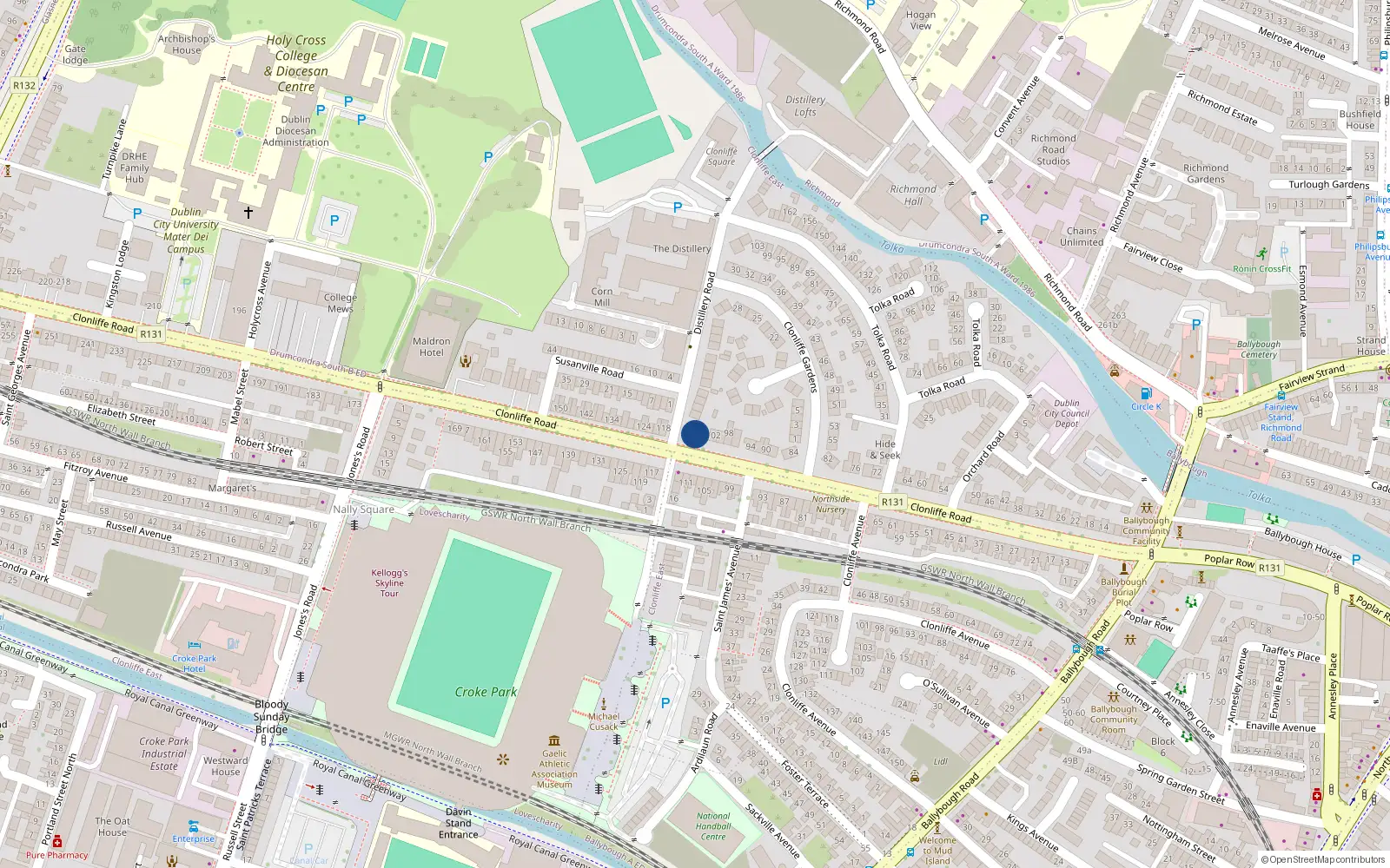 Overhead map showing the location of 104 Clonliffe Road, Drumcondra, Dublin 3