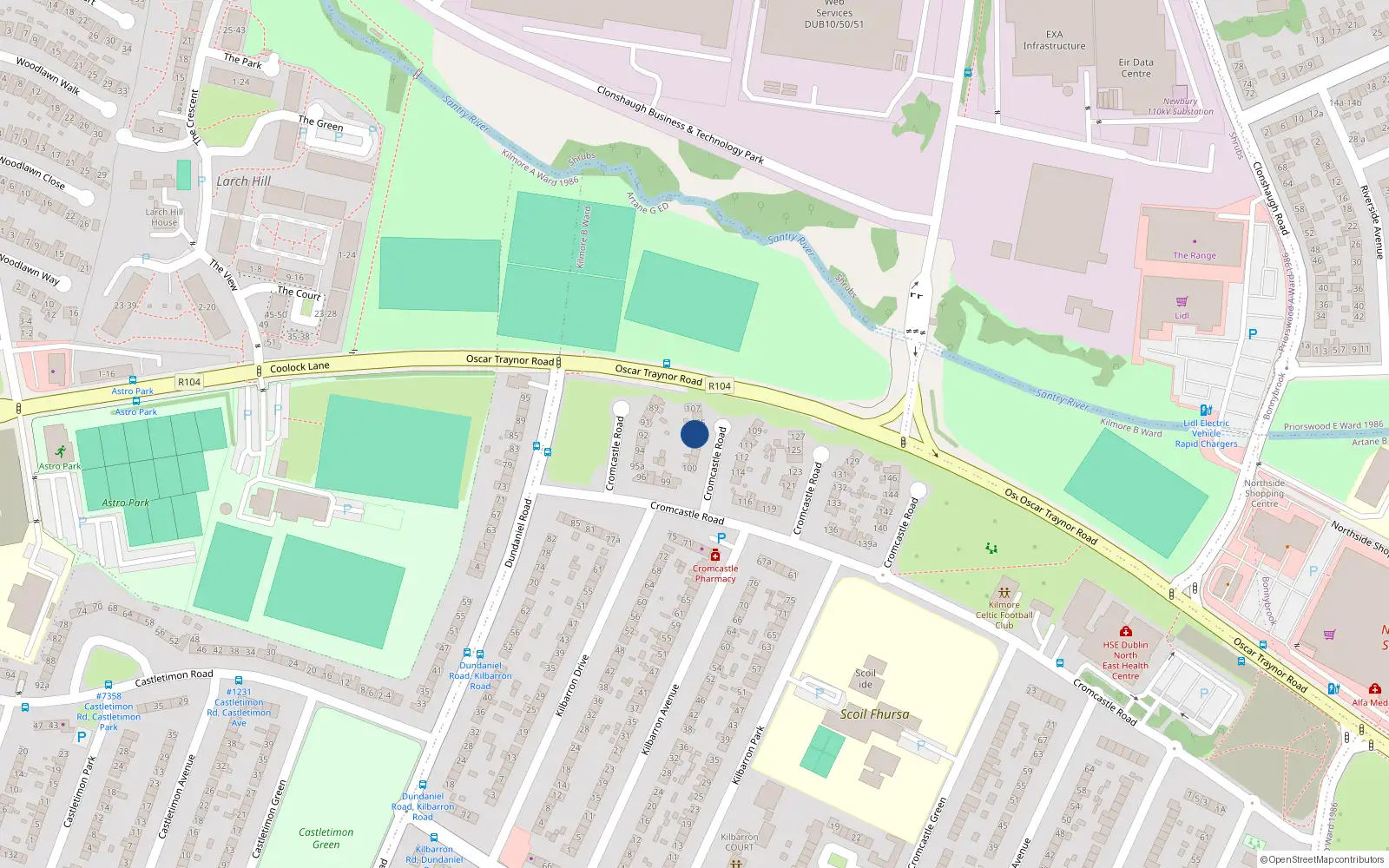 Overhead map showing the location of 104 Cromcastle Road, Coolock, Dublin 5