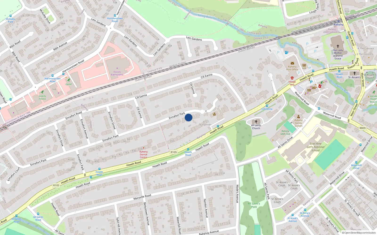 Overhead map showing the location of 104 Ennafort Park, Raheny, Dublin 5