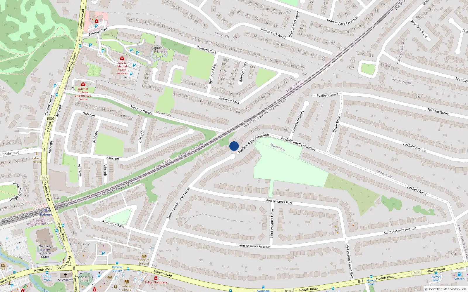 Overhead map showing the location of 104 Foxfield Road, Dublin 5