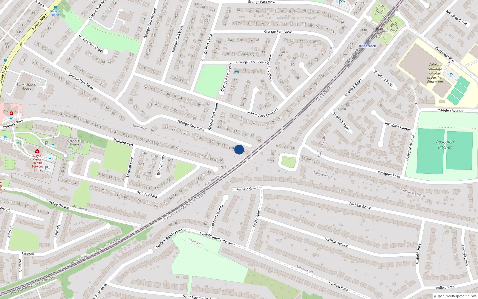 Overhead map showing the location of 104 Grange Park Road, Dublin 5