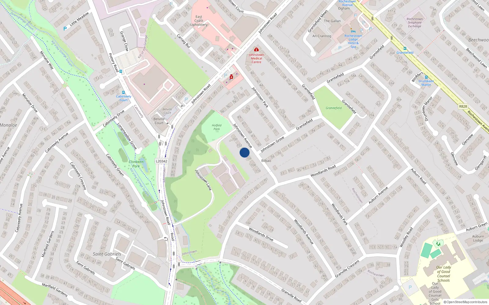 Overhead map showing the location of 104 Johnstown Avenue, Co Dublin