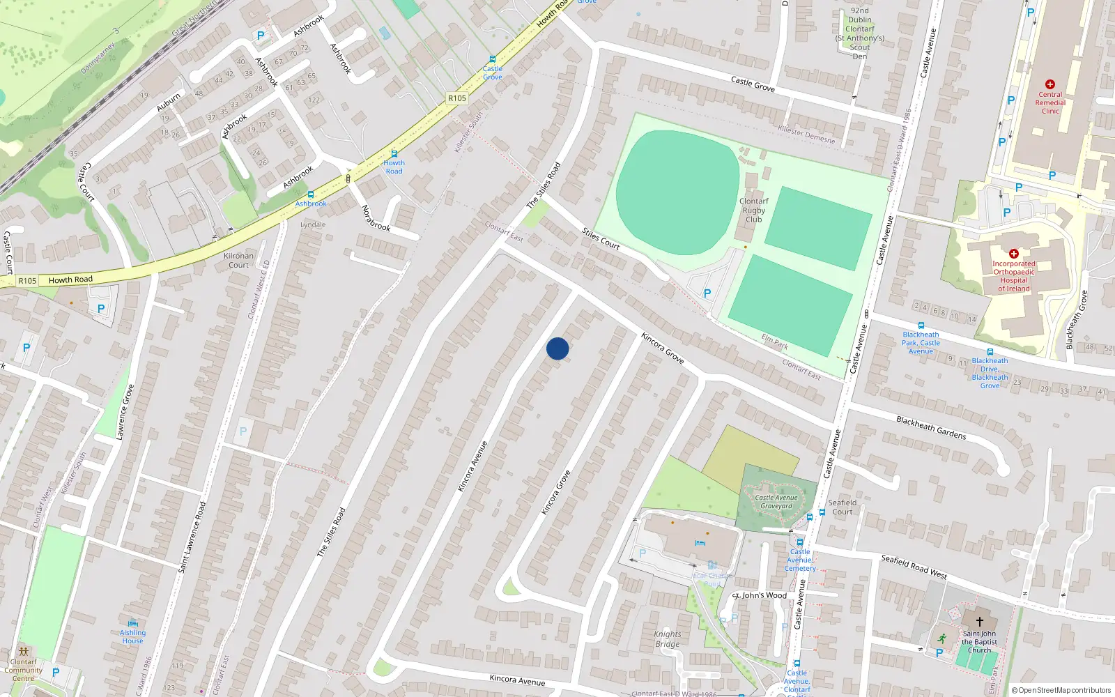 Overhead map showing the location of 104 Kincora Avenue, Clontarf, Dublin 3