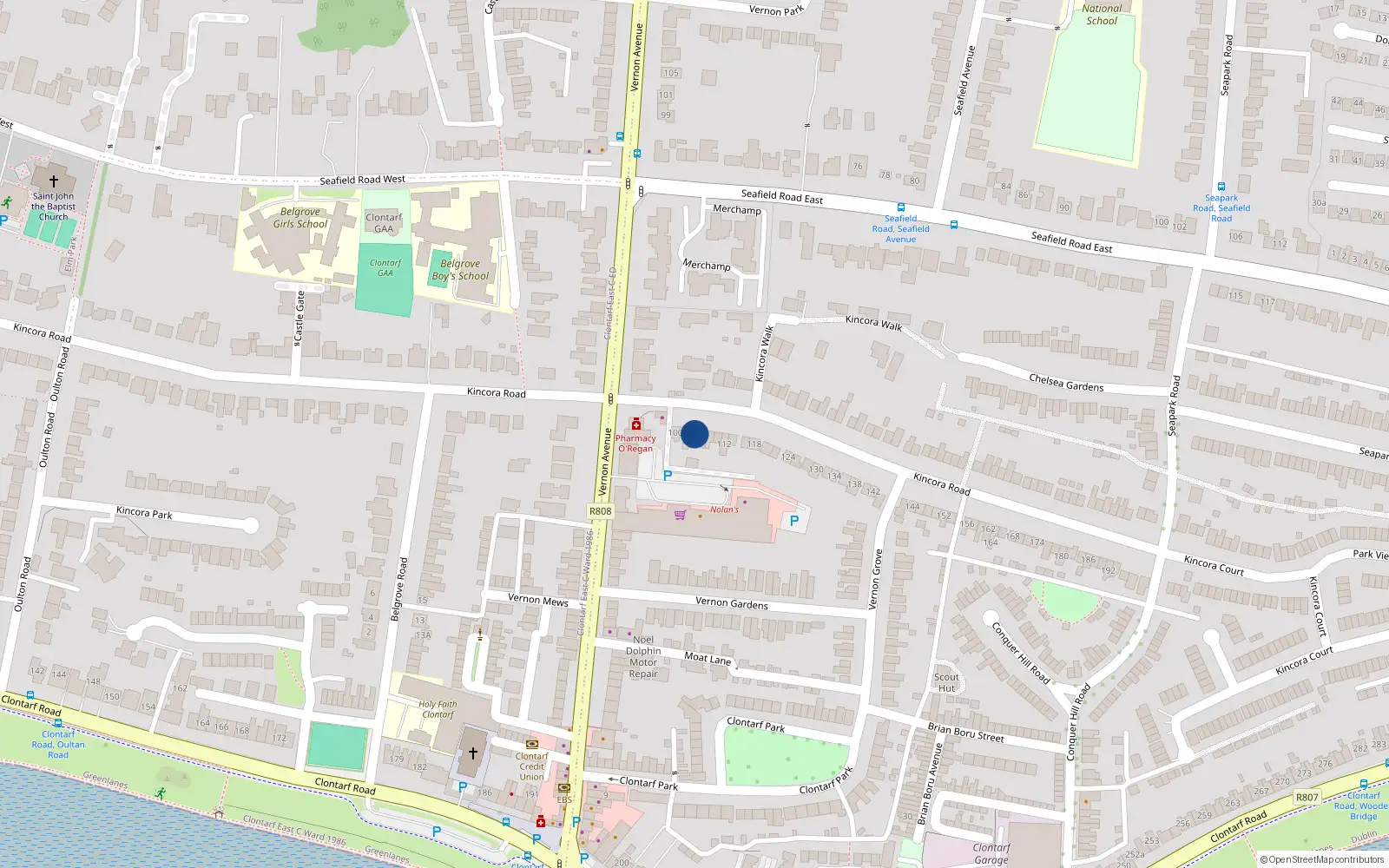Overhead map showing the location of 104 Kincora Road, Clontarf