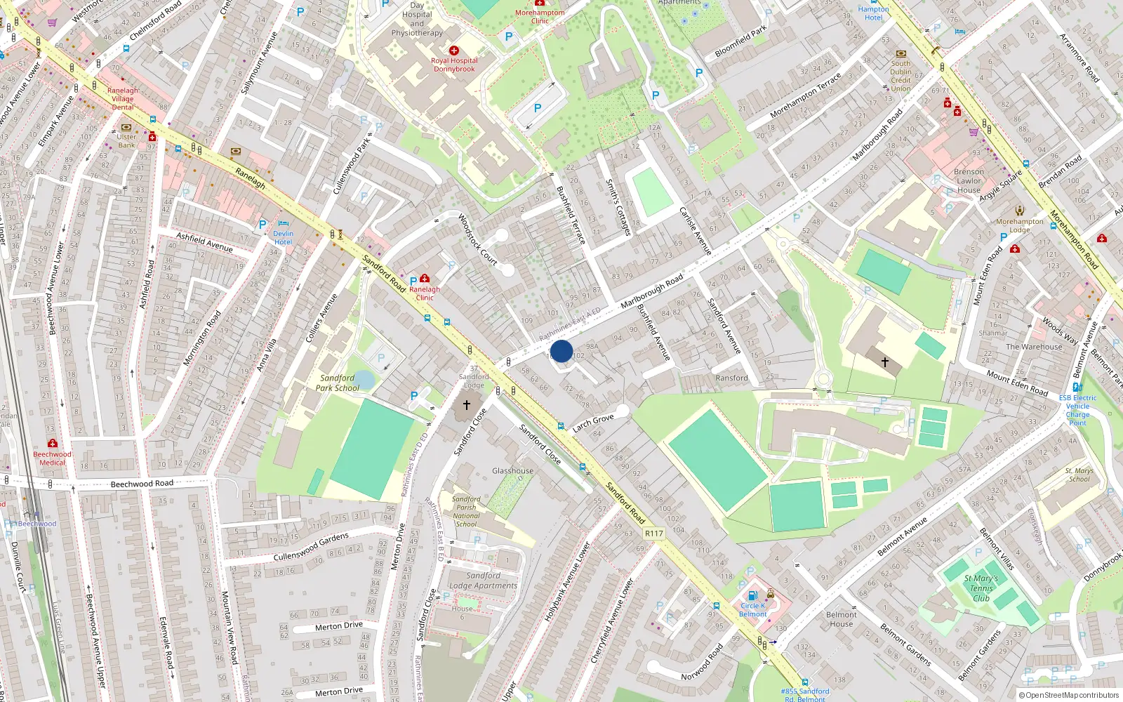 Overhead map showing the location of 104 Marlborough Road, Donnybrook